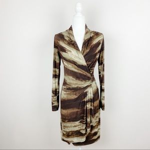 Karen Kane Brown Abstract Size Small Long Sleeve Faux Wrap Dress